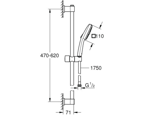 Dessin technique d''une barre de douche avec douchette à main et indications de mesure.