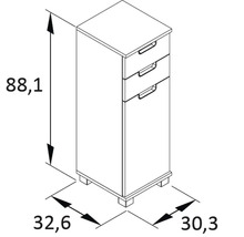 Technische Zeichnung eines Kommodenschranks mit drei Schubladen und den Maßen 88,1 x 32,6 x 30,3 Zentimeter.