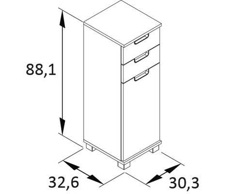 Technische Zeichnung eines Kommodenschranks mit drei Schubladen und den Maßen 88,1 x 32,6 x 30,3 Zentimeter.