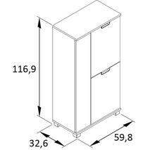 Technische Zeichnung eines Schuhschranks mit den Massen 116,9 x 59,8 x 32,6 cm.