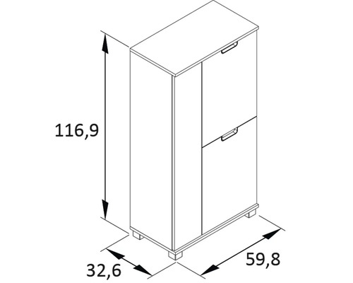 Technische Zeichnung eines Schuhschranks mit den Massen 116,9 x 59,8 x 32,6 cm.