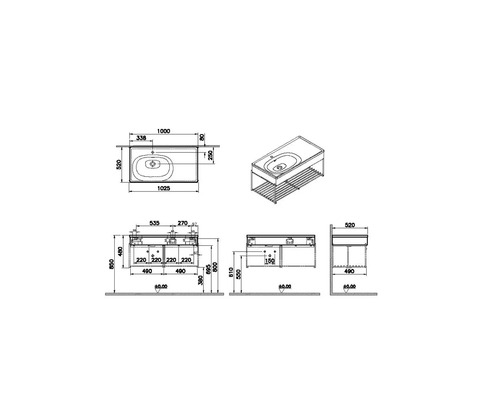Schéma technique d''un meuble sous-lavabo avec lavabo et dimensions