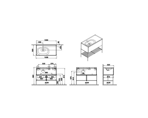 Schéma technique d''un meuble sous-vasque avec dimensions