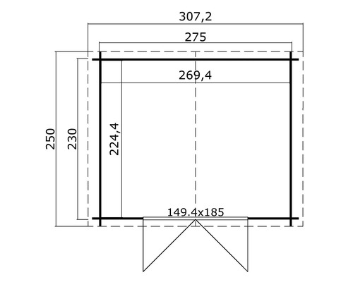 Schéma technique d''une cabane de jardin avec dimensions
