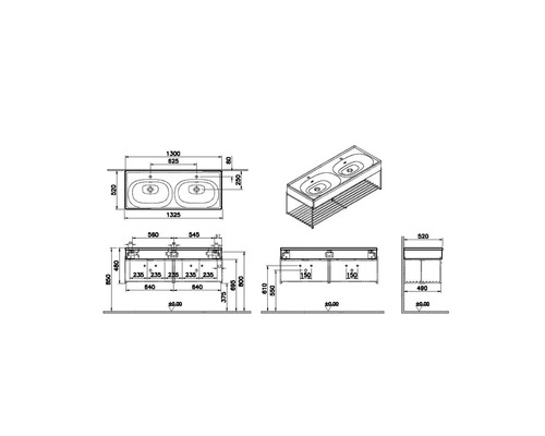 Technische Zeichnung eines Waschtischs mit zwei Waschbecken und Maßen.