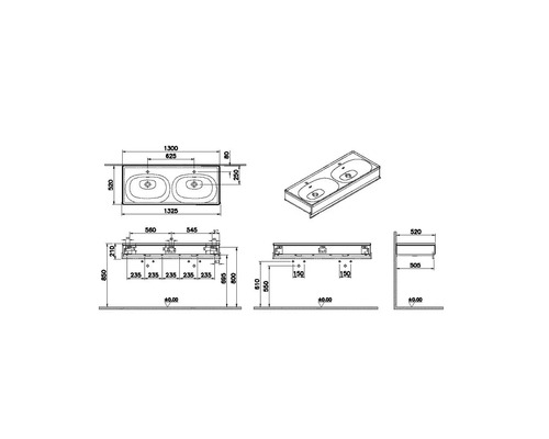 Technische Zeichnung eines Waschtischs mit Doppelwaschbecken und Maßangaben