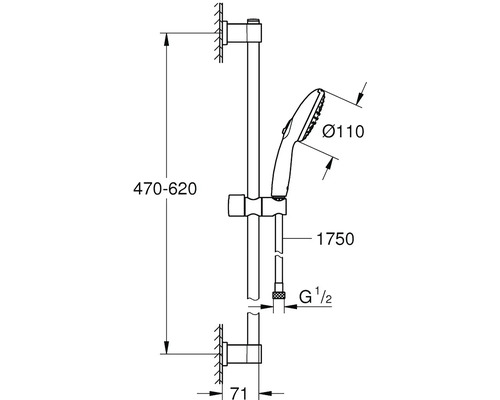 Schéma technique d''une barre de douche avec douchette et indications de dimensions