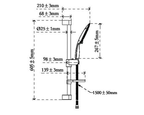 Technische Zeichnung einer Duschstange mit Maßangaben