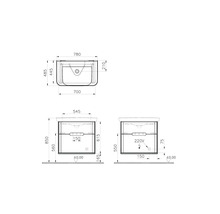 Schéma technique d''un meuble sous-lavabo avec dimensions