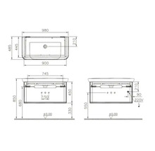 Dessin technique d''un meuble sous-lavabo avec dimensions.