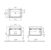 Dessin technique d''un meuble-lavabo avec dimensions