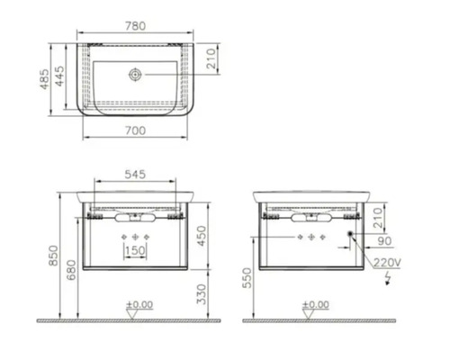 Technische Zeichnung eines Waschtisches mit Maßen