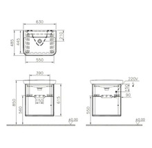 Dessin technique d''un meuble sous-lavabo avec indications de dimensions.
