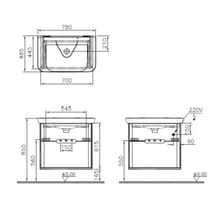 Schéma technique d''un meuble sous-lavabo avec indications de mesure