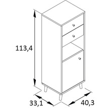 Dessin technique d''une armoire de salle de bain avec tiroirs, porte et dimensions
