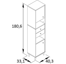 Dessin technique d''une armoire de salle de bain avec tiroirs et étagères avec dimensions