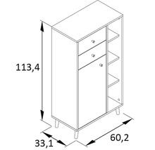 Schéma technique d''une armoire avec tiroirs, porte et étagères, dimensions 113,4 x 60,2 x 33,1 cm