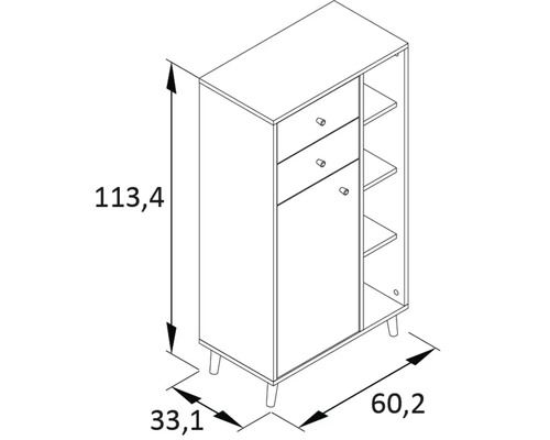 Schéma technique d''une armoire avec tiroirs, porte et étagères, dimensions 113,4 x 60,2 x 33,1 cm