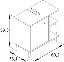 Dessin technique d''un meuble sous-lavabo avec dimensions.