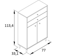Schéma d''une armoire avec deux tiroirs et deux portes, avec indication des dimensions.