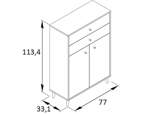 Schéma d''une armoire avec deux tiroirs et deux portes, avec indication des dimensions.