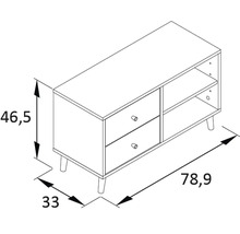Schéma d''un meuble bas avec tiroirs et étagères, dimensions : 46,5 cm de hauteur, 78,9 cm de largeur, 33 cm de profondeur