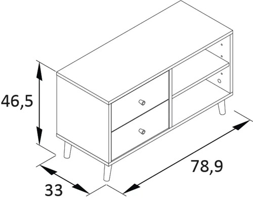 Schéma d''un meuble bas avec tiroirs et étagères, dimensions : 46,5 cm de hauteur, 78,9 cm de largeur, 33 cm de profondeur