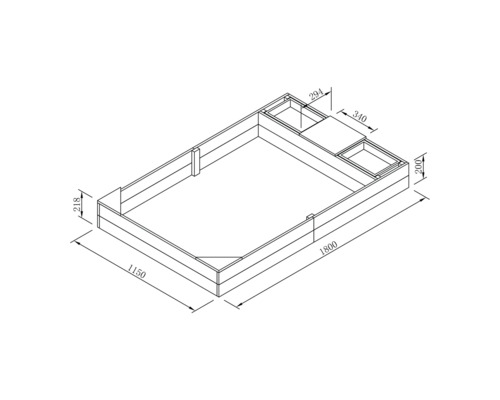 Schéma technique d''un potager surélevé mesurant 1800 x 1150 x 218 mm