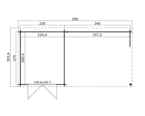 Dessin technique d''une cabane de jardin avec dimensions