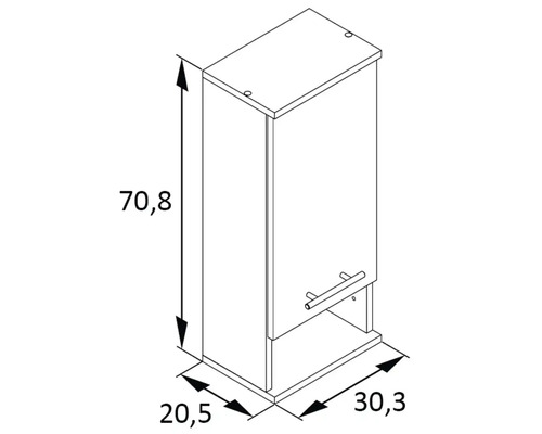 Technische Zeichnung eines Hängeschranks mit den Maßen 70,8 x 20,5 x 30,3 cm.