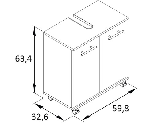 Waschbeckenunterschrank mit Maßen 63,4 x 32,6 x 59,8 Zentimeter als Strichzeichnung
