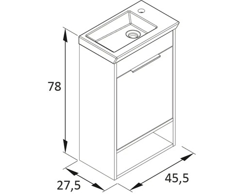Meuble sous-lavabo avec les dimensions 78 x 45,5 x 27,5 centimètres en représentation schématique