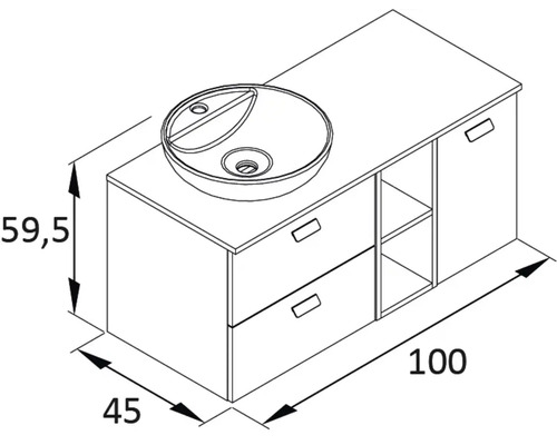 Zeichnung eines Waschtischunterschranks mit Waschbecken und den Maßen 100 x 45 x 59,5 Zentimeter