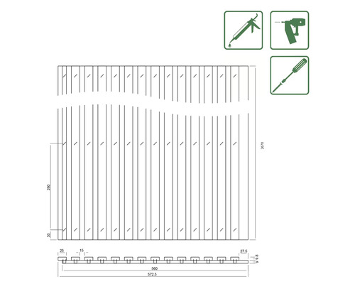 Schéma technique d''un bardage avec indications de dimensions