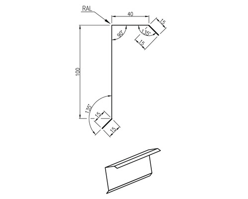 Technische Zeichnung eines Winkels mit Maßen.