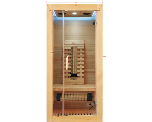Innenansicht einer Sauna mit Holzverkleidung, Sitzbank und Infrarotstrahler mit Maßangaben