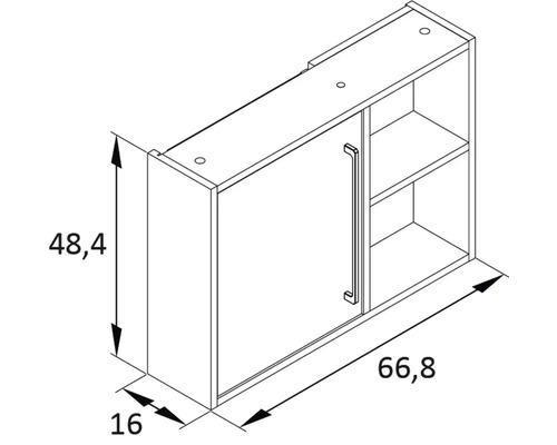 Dessin d''une armoire suspendue avec les dimensions 48,4 x 66,8 x 16 cm.