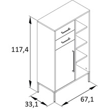 Armoire avec deux tiroirs, une porte et des étagères ouvertes, dimensions 117,4 x 67,1 x 33,1 cm