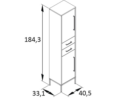 Schéma technique d''une armoire haute de salle de bains avec dimensions