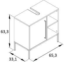 Dessin d''un meuble sous-lavabo avec les dimensions 63,3 x 33,1 x 65,3 centimètres.