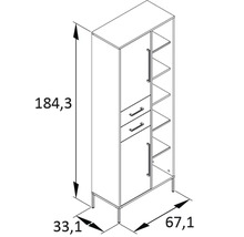 Dessin technique d''une armoire avec des dimensions de 184,3 cm de hauteur, 67,1 cm de largeur et 33,1 cm de profondeur.