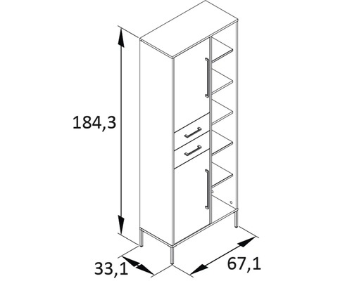 Dessin technique d''une armoire avec des dimensions de 184,3 cm de hauteur, 67,1 cm de largeur et 33,1 cm de profondeur.