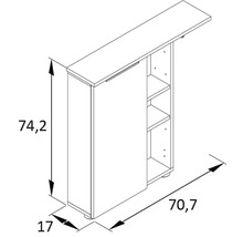 Schéma d''un meuble de cuisine avec des dimensions de 74,2 x 70,7 x 17 cm