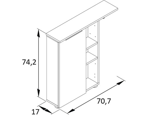 Schéma d''un meuble de cuisine avec des dimensions de 74,2 x 70,7 x 17 cm