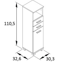 Dessin technique d''une armoire de salle de bain avec trois tiroirs et dimensions.