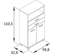 Dessin technique d''une armoire avec tiroirs et portes et indications de dimensions