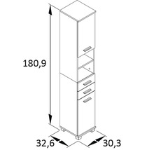 Dessin technique d''une armoire haute de salle de bains avec des dimensions de 180,9 cm de hauteur, 32,6 cm de largeur et 30,3 cm de profondeur.