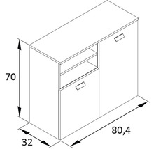 Technische Zeichnung eines Sideboards mit den Massen 70 x 80,4 x 32 cm.