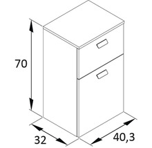 Technische Zeichnung eines Unterschranks mit zwei Schubladen und den Maßen 70 x 32 x 40,3 cm.