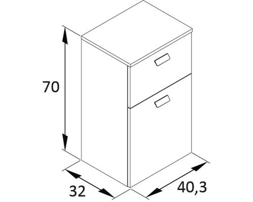 Dessin technique d''un meuble bas avec deux tiroirs et les dimensions 70 x 32 x 40,3 cm.